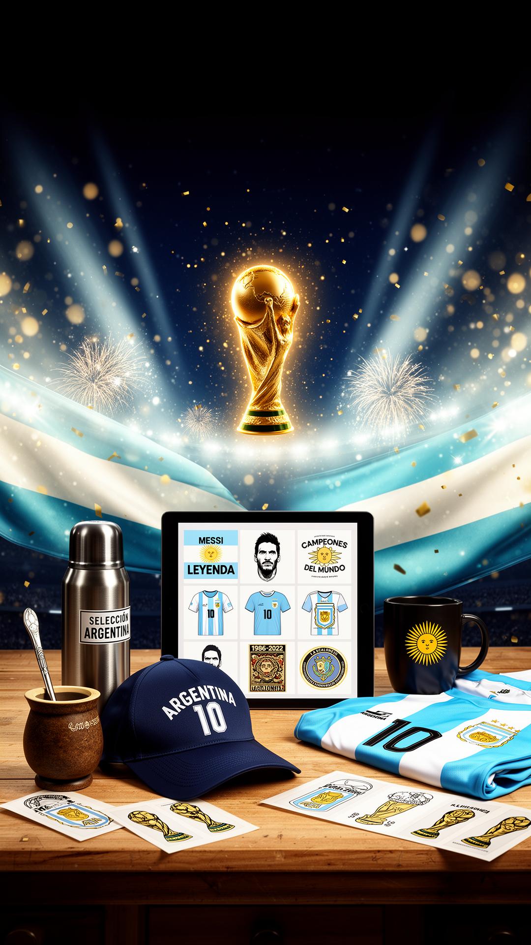 Mesa de trabajo con productos del Mundial Argentina
